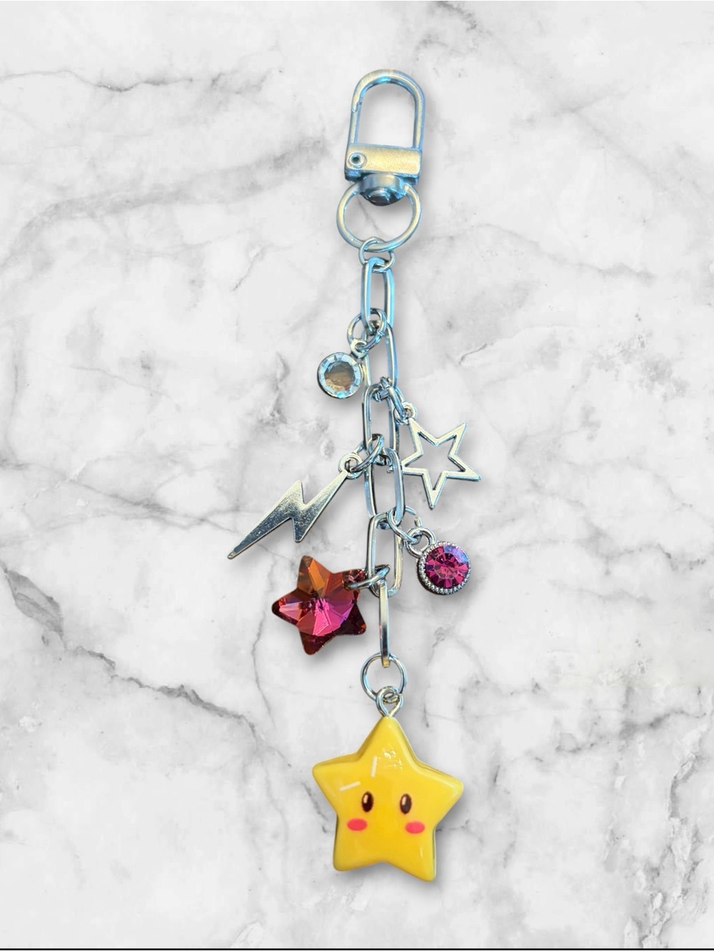 Yellow Star Charm Keychain with Pink Crystal Accents